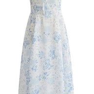Blaues Midikleid mit Blumenmuster und quadratischem Ausschnitt