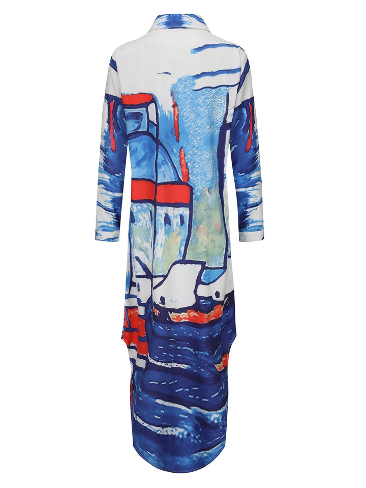 W&W Mode | Langarm Kleid mit Gesichtsmuster in Blau und Weiß