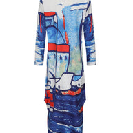 WW | Langarm Kleid mit Gesichtsmuster in Blau und Weiß