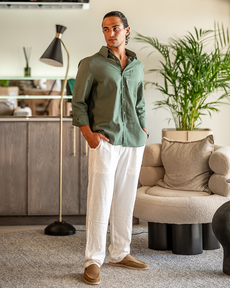 WW | Lange Ärmel Hemd & Hose Zweiteiliges Leinen Satz Herren Sommer Outfit
