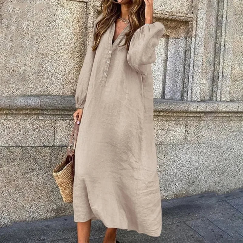 WW | Bequemes Leinenkleid mit V-Ausschnitt aus Baumwolle
