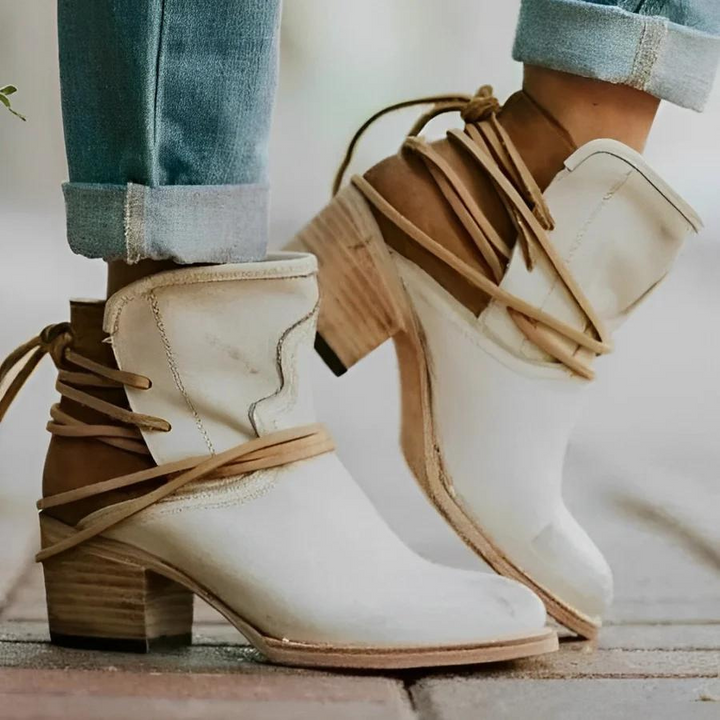 W&W Mode | Damen Western Ankle Boots mit Wickelschnürung, Gewaschenes Leder, Dicke Absätze