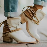 WW | Damen Western Ankle Boots mit Wickelschnürung, Gewaschenes Leder, Dicke Absätze