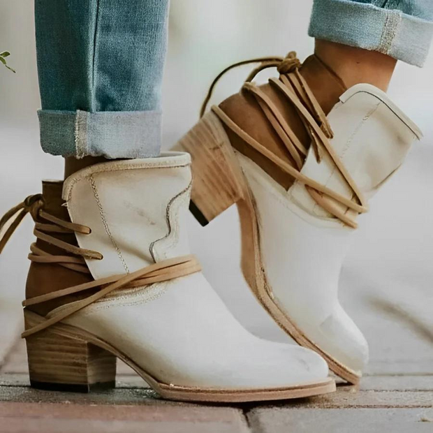 WW | Damen Western Ankle Boots mit Wickelschnürung, Gewaschenes Leder, Dicke Absätze