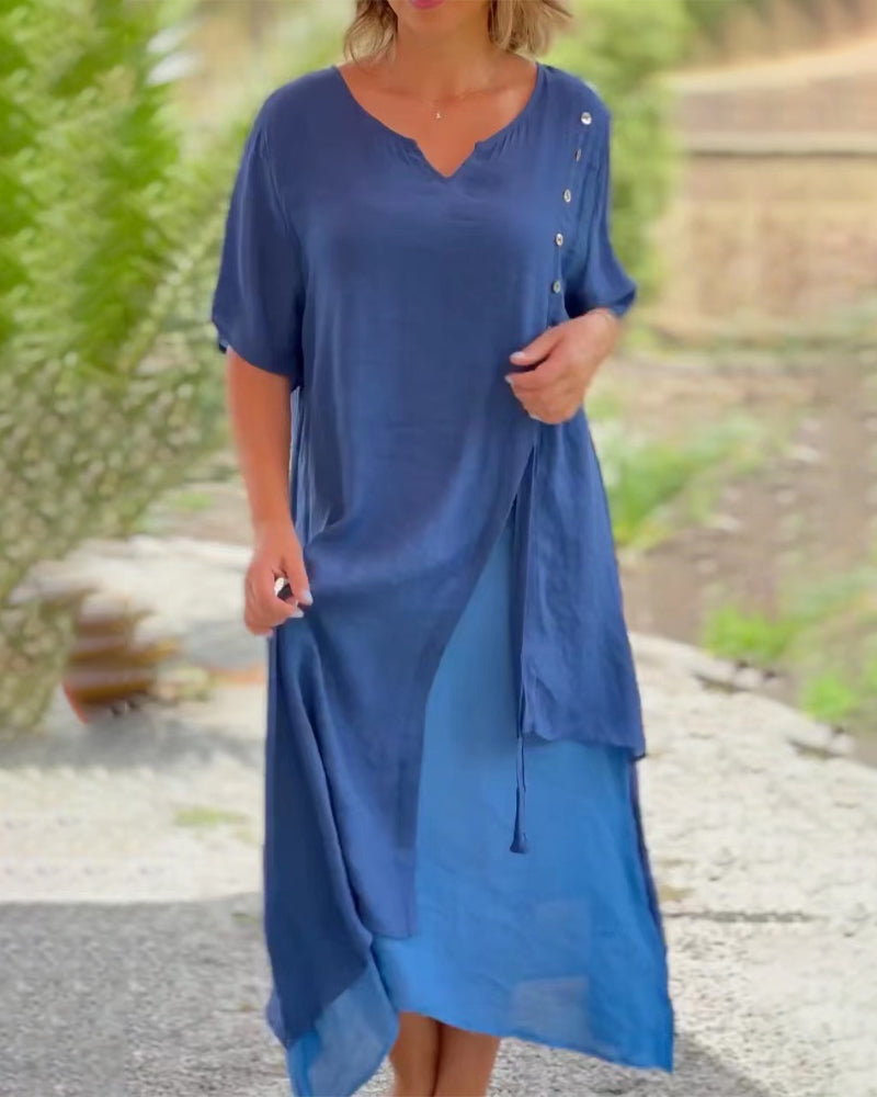 WW | Asymmetrisches Kleid mit kurzen Ärmeln und V-Ausschnitt