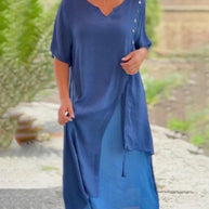 WW | Asymmetrisches Kleid mit kurzen Ärmeln und V-Ausschnitt