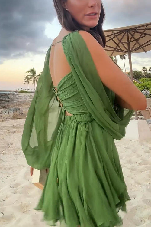 WW | V-Ausschnitt Rücken Schnürung Schlitz Ärmel Mini Kleid