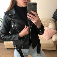 WW | Lederjacke Damen Bikerjacke Mit Reißverschlüssen Und Taillengürtel