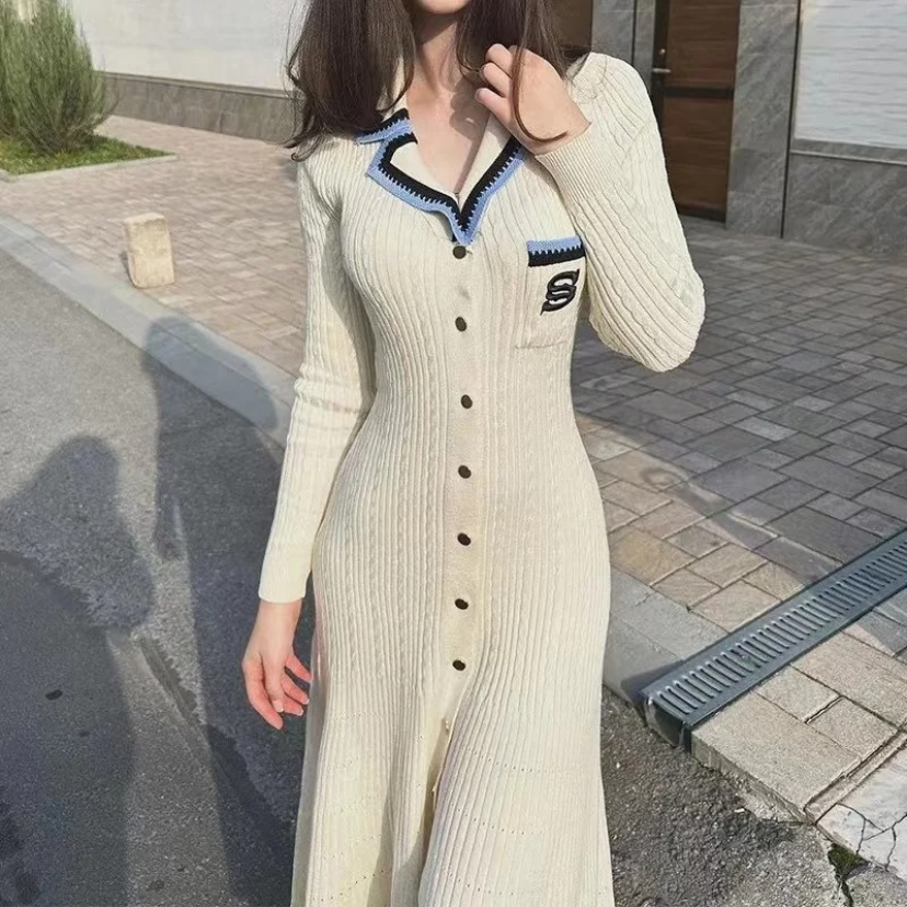 WW | Lange Ärmel Rippstrick Midi Kleid, Strick Damen Kleid