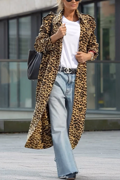 WW | Rosiedress Revers Offene Vorderseite Leopard Midi Trendy Mantel