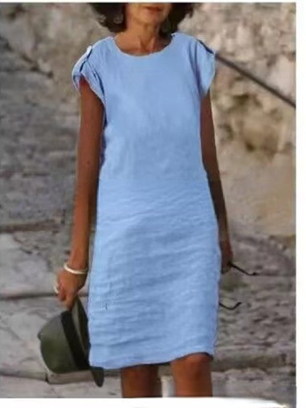 WW | Midikleid für Frauen In Farbenfrohem Baumwoll-Leinen Ohne Ärmel mit Rundem Ausschnitt