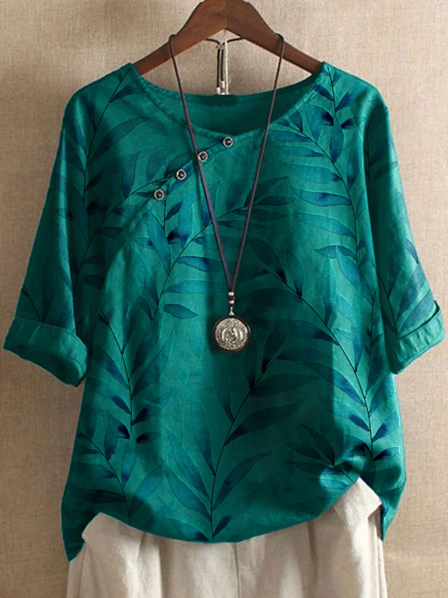 WW | Freizeit-T-Shirts aus Baumwolle und Leinen, mit Sommerblumenmotiven und Knöpfen