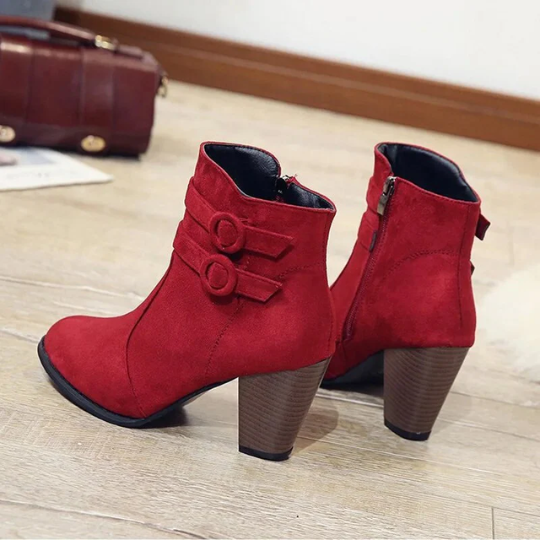 WW | Damen Wildleder Ankle Boots mit Doppelsteckverschluss, Hohem Blockabsatz, Reißverschluss