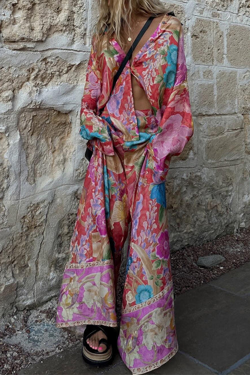WW | Rosiedress Langarm Bluse mit Knopfleiste und Weite Hosen Blumenmuster Set
