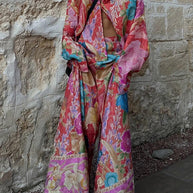WW | Rosiedress Langarm Bluse mit Knopfleiste und Weite Hosen Blumenmuster Set