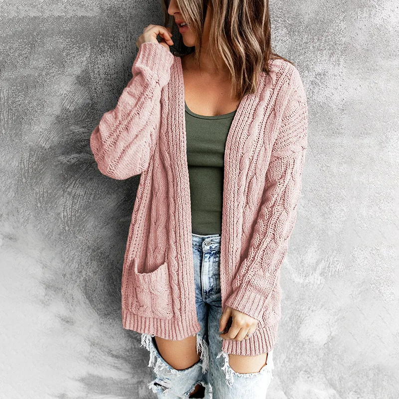 WW | Lange Strickjacken Für Damen Zopfstrick Strickjacke Mit Offenen Taschen
