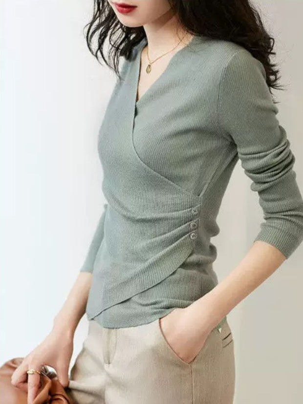 WW | Casual V-Ausschnitt Unifarben Stricktop Grün