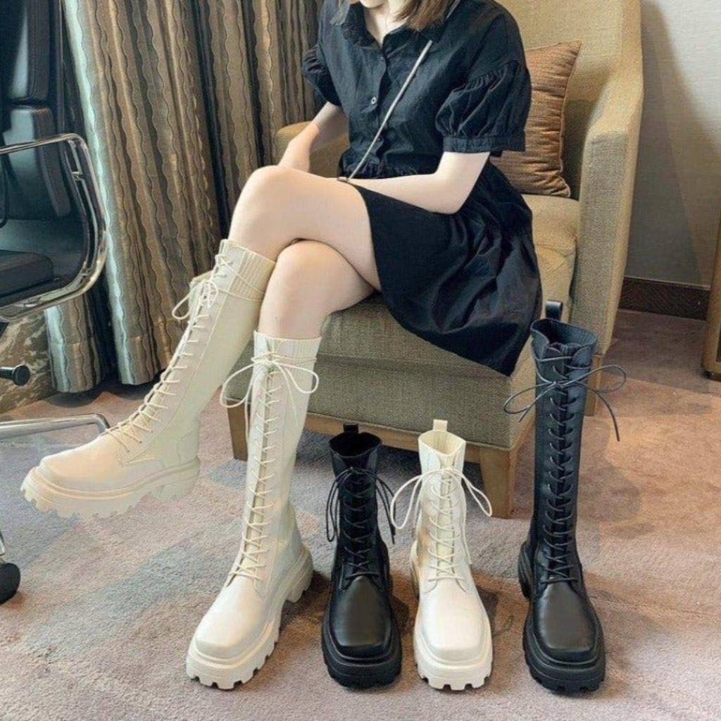 WW | Damen Stiefelette Mit Schnürung, Kniehoch, Robuster Profilsohle
