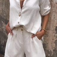 WW | Knitterfreies Leinen Damen Satz Kurze Hose Und Bluse Mit Atmungsaktivem Komfort