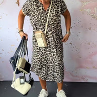 WW | Kurzärmliges Kleid mit Leopardenmuster und V-Ausschnitt