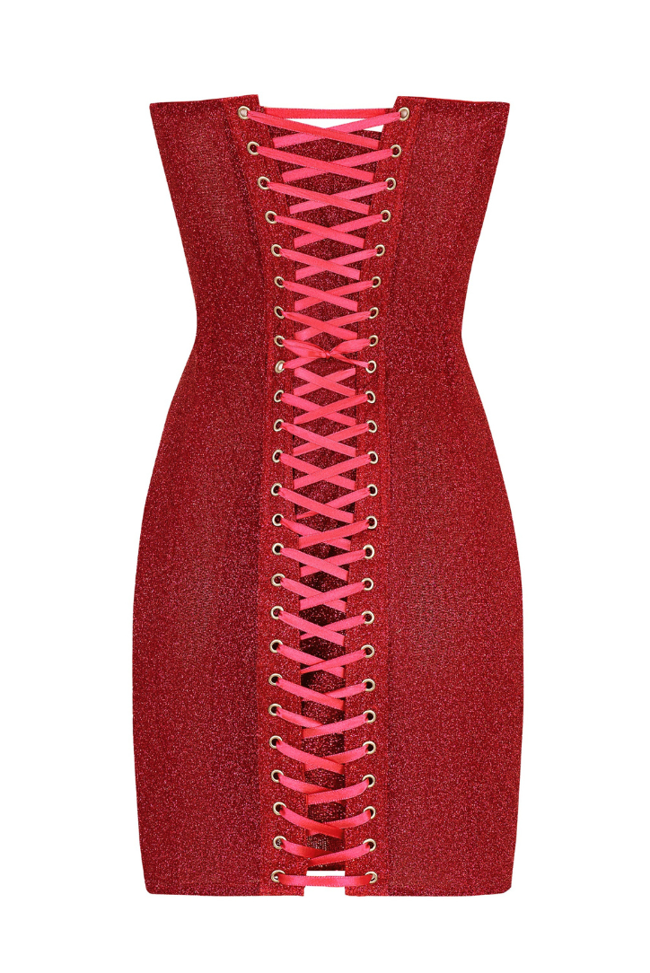 WW | Trägerlos Glitzer Rot Korsett Mini Kleid