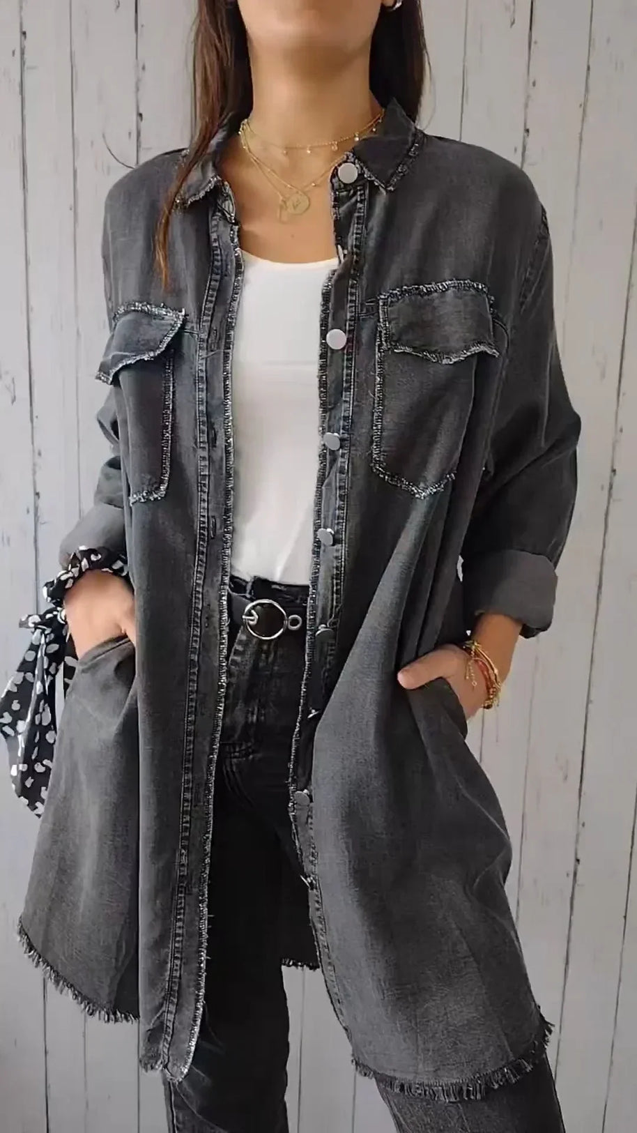 WW | Bequeme Lange Hemdbluse aus Faux-Denim