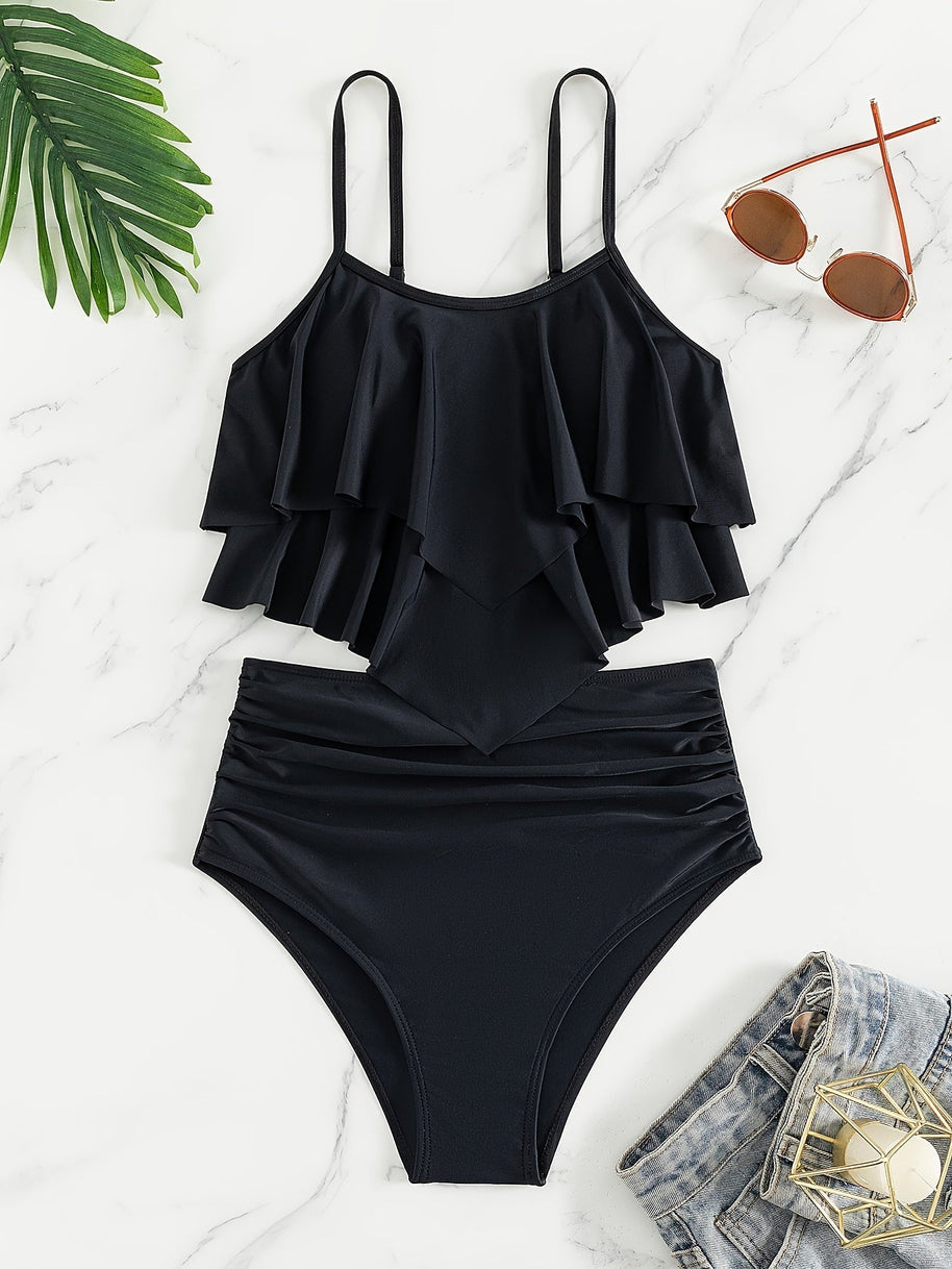WW | Raffung, Geschichtete Zweiteiliges Schwarzes Tankini für Damen