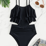 WW | Raffung, Geschichtete Zweiteiliges Schwarzes Tankini für Damen