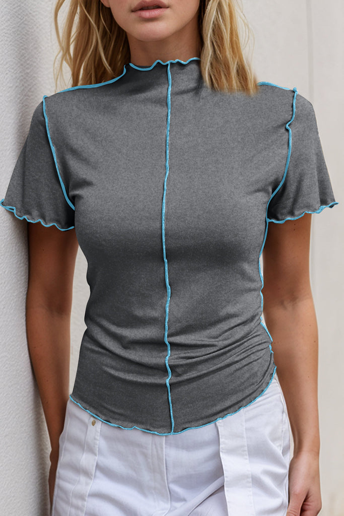 WW | Basic Bae Kontrastbesatz Mock Neck Kurzarm T-Shirt