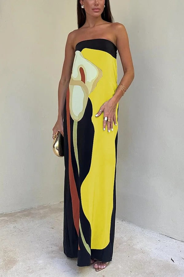 WW | Jaime Abstrakter Floralprint Elastischer Off-Shoulder Urlaub Locker Maxi Kleid