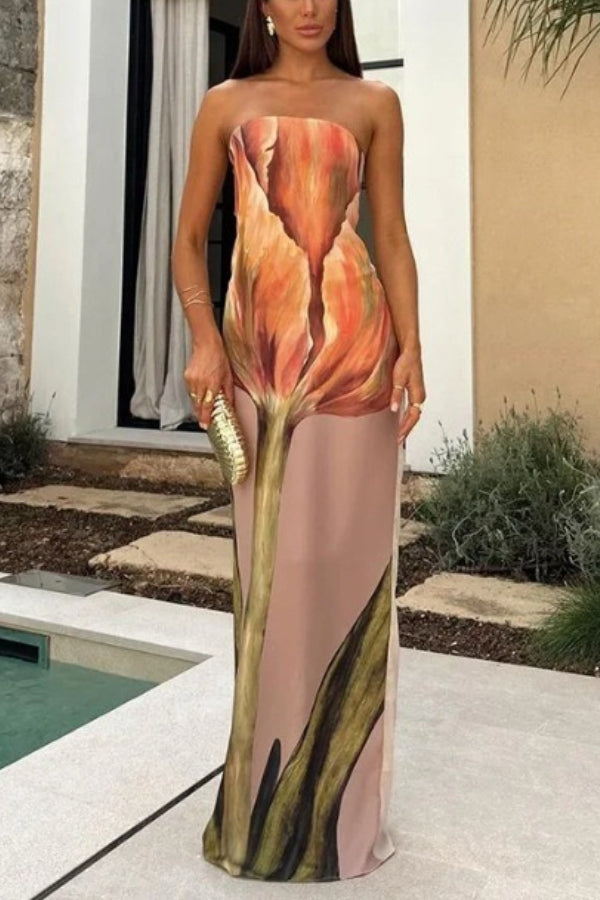 WW | Jaime Abstrakter Floralprint Elastischer Off-Shoulder Urlaub Locker Maxi Kleid