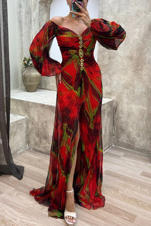 WW | Sunset Serenade Bedrucktes Off-Shoulder Maxikleid mit Diamantverzierungen und Faltenröcken mit Schlitz