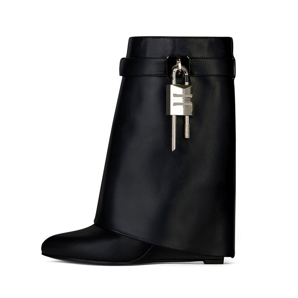 WW | Damenmode Schräge Ferse Rundzehen Lederoberfläche Hoher Absatz Reißverschluss Kurze Stiefel