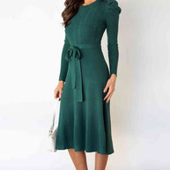 WW | Rundhalsausschnitt Langarm Knoten Taille Pullover Kleid