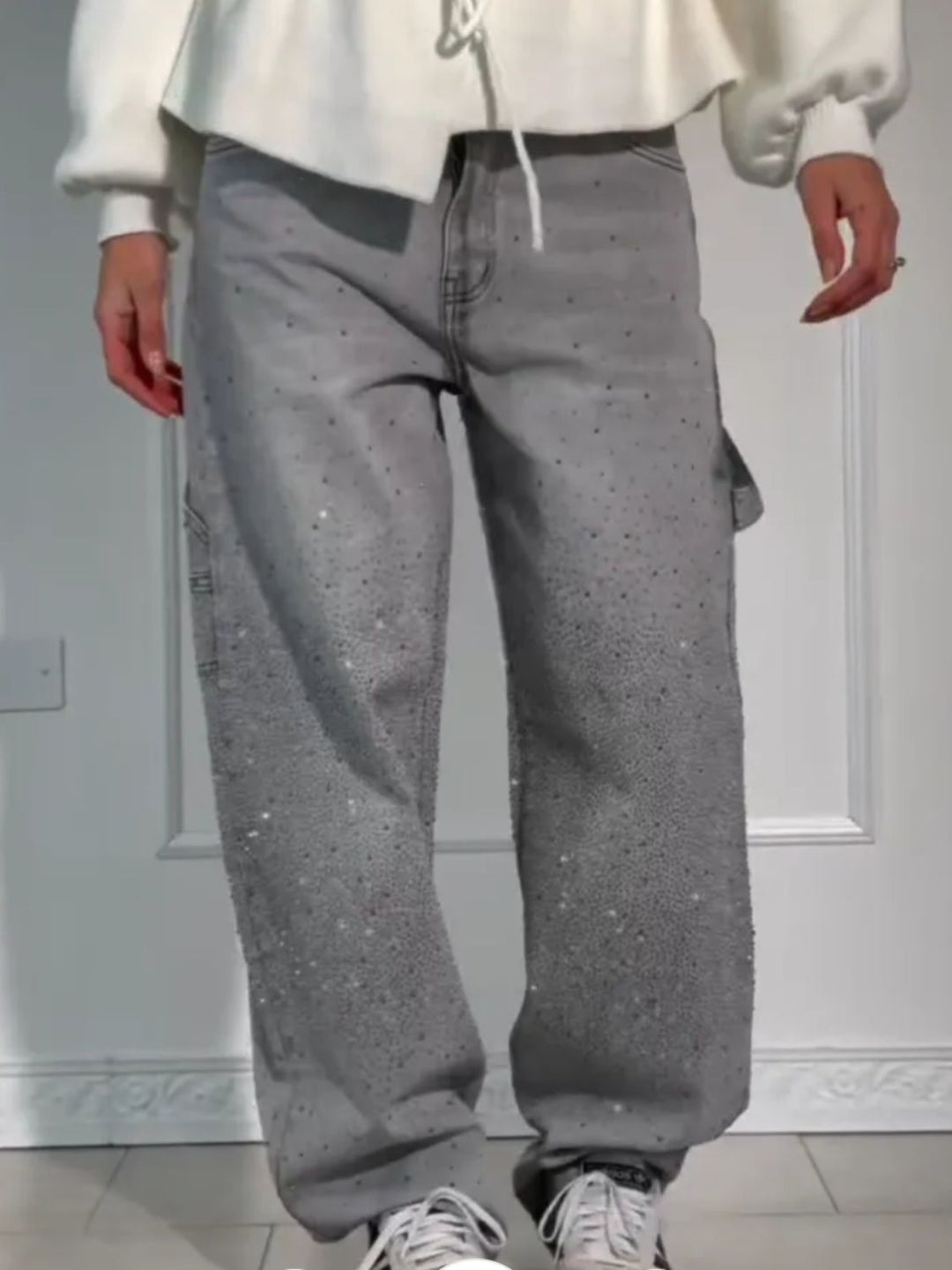 W&W Mode | Damen Gewaschene Jeans Mit Strassdetails Im Weiten Schnitt