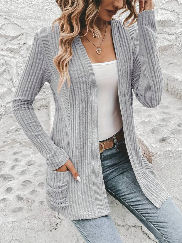 WW | Langärmliger Strickjacke Mit Offener Vorderseite Und Zwei Taschen