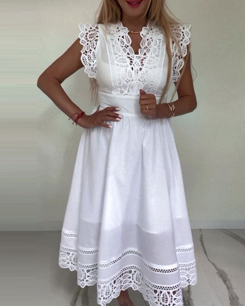 WW | Elegantes Ärmelloses Kleid aus Einfarbiger Spitze mit V-Ausschnitt