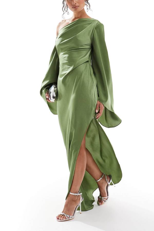WW | Zayla Satin Asymmetrisches Ein Schulter Glockenärmel Schlitz Maxi Kleid