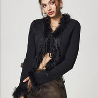 WW | Gebunden Fuzzy Trim Langarm Strickjacke