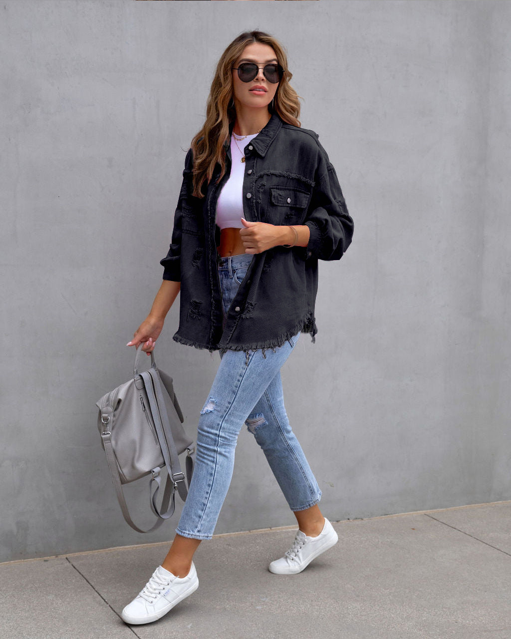 W&W Mode | Denim Bluse - Damen Jeansjacke mit fransigen Details und Knopfverschluss