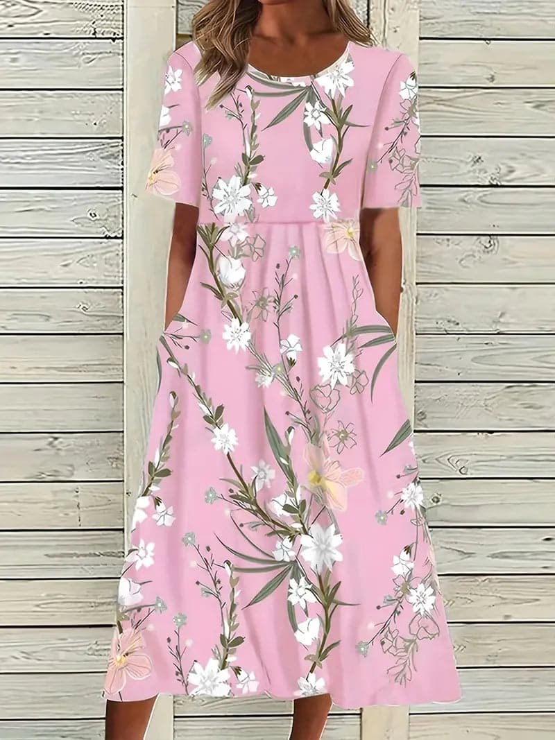 WW | Midi Kleid Blumendes Muster Rundhals Kurze Ärmel Luftig und Bequem