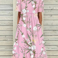 WW | Midi Kleid Blumendes Muster Rundhals Kurze Ärmel Luftig und Bequem