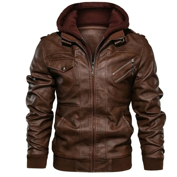 Vintage PU Leder Jacke mit Kapuze