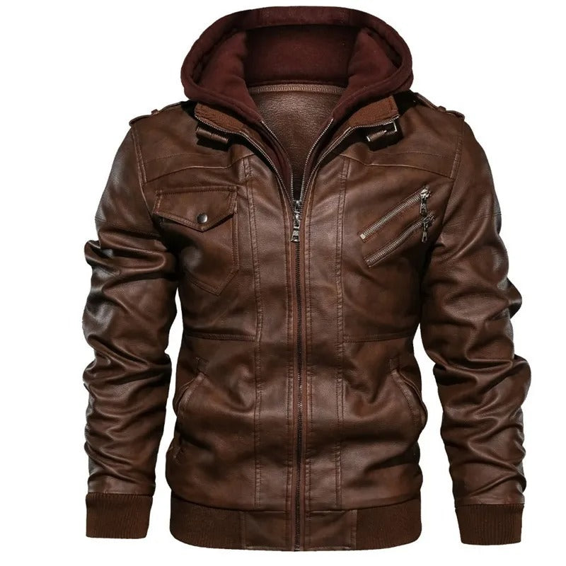Vintage PU Leder Jacke mit Kapuze