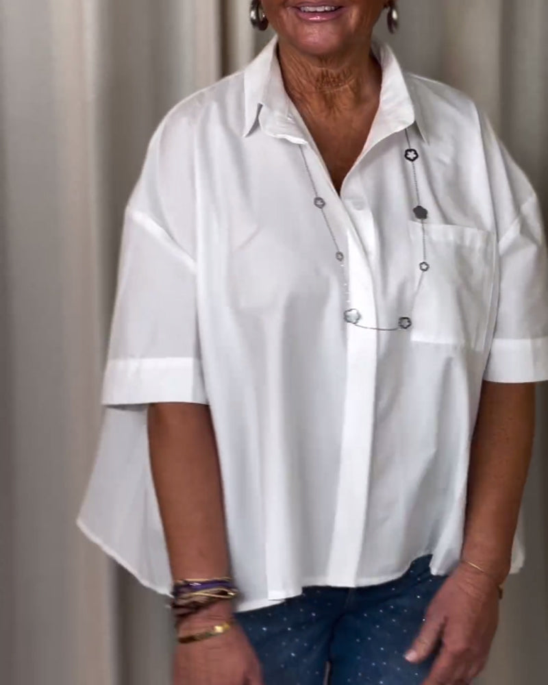 WW | Weiße Kurzärmelige Bluse mit Plissiertem Rücken