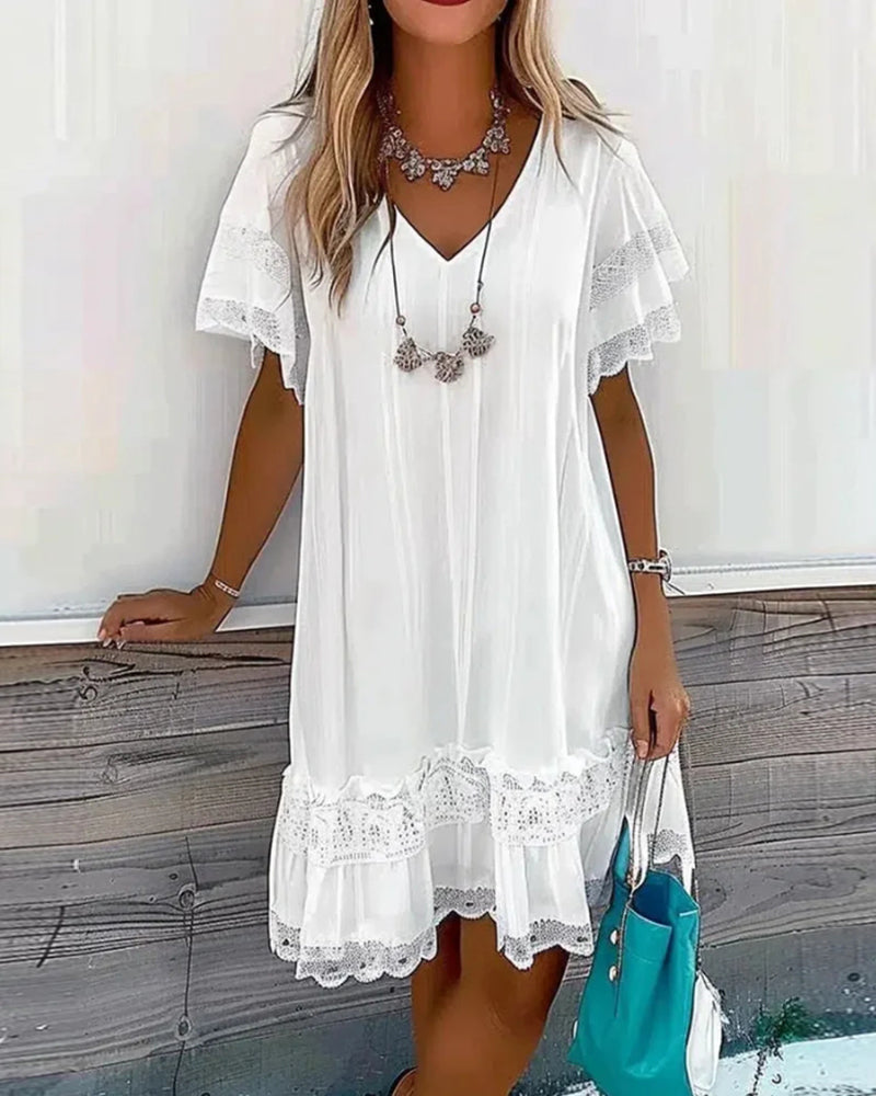 WW | Kurzärmliges Weißes Sommerkleid mit Spitzenpaneelen