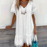 WW | Kurzärmliges Weißes Sommerkleid mit Spitzenpaneelen