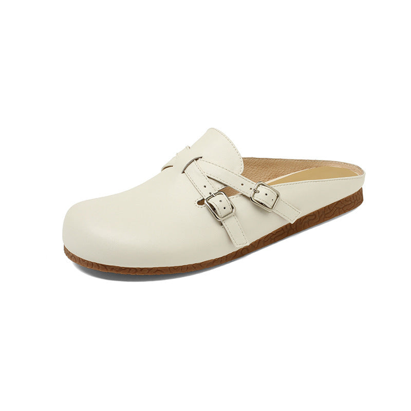 WW | Frauen Komfortable Dovne Stil Lose Große Rundzehen Kalbsleder Flach Vollleder Outdoor Sandalen