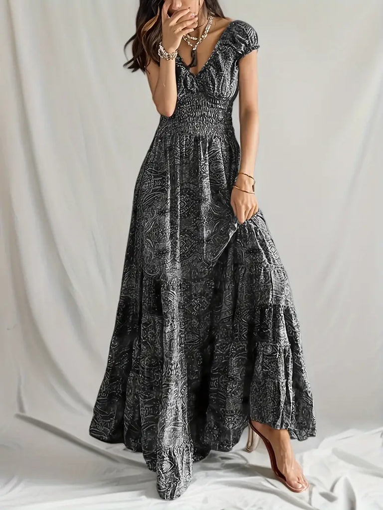 WW | Lange Swingkleid mit Rüschen Am Ausschnitt Blumenmuster