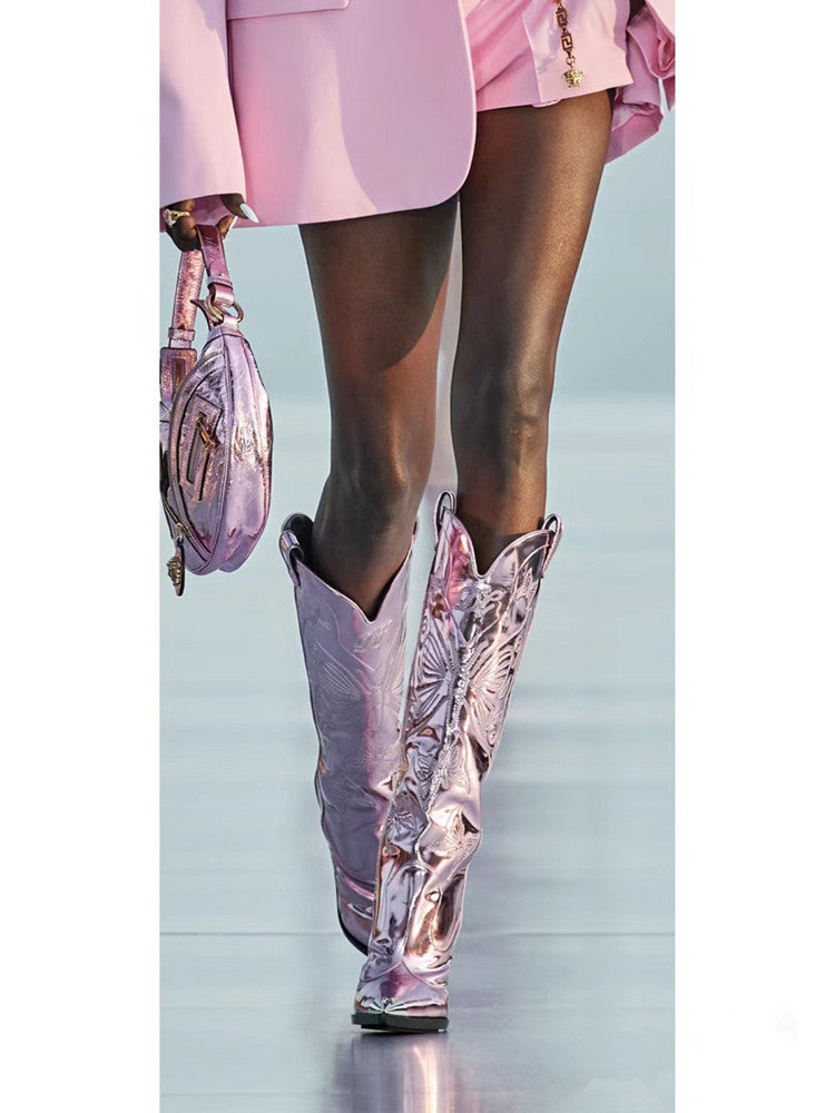 WW | Frauen Hochhackige Metall Spitz Zehen Schleife Bestickte Stiefel